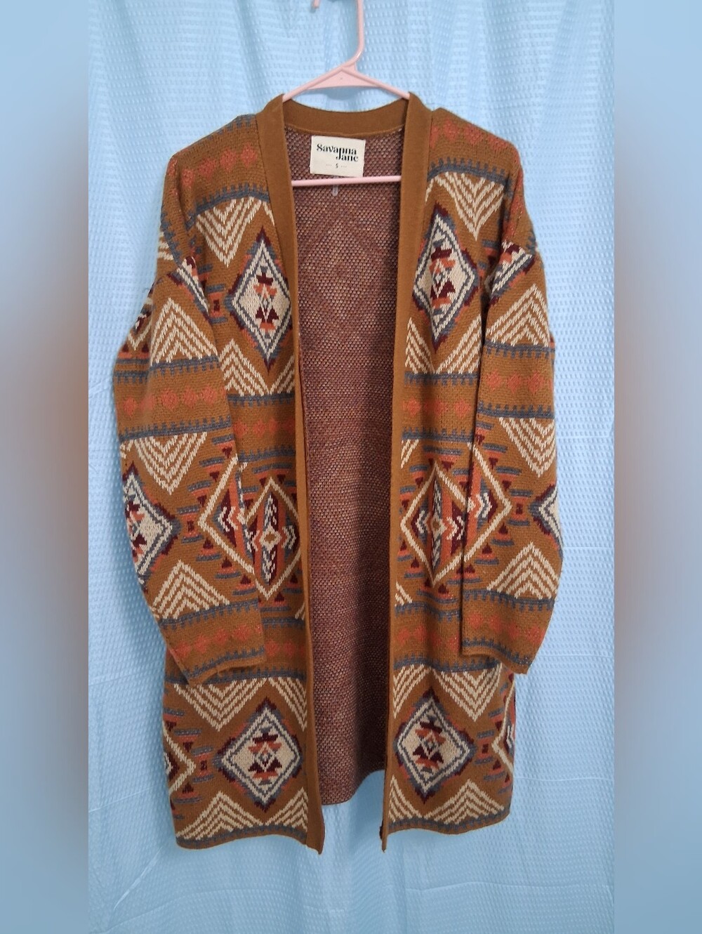 Savanna Jane Womens Aztec Camel Brown Geometric Open-Front Cardigan